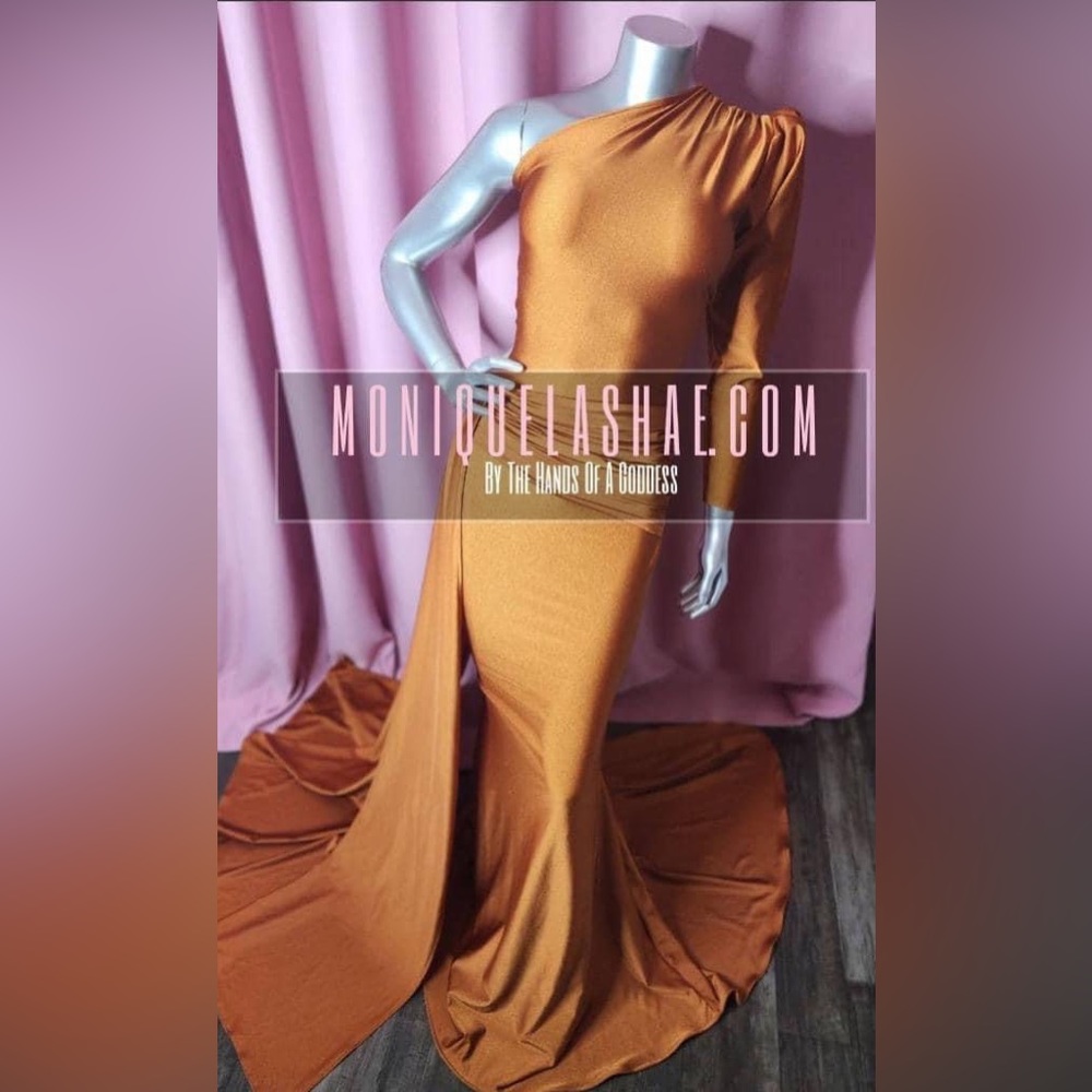 Custom Made Copper One Shoulder Formal Dress with Side Train